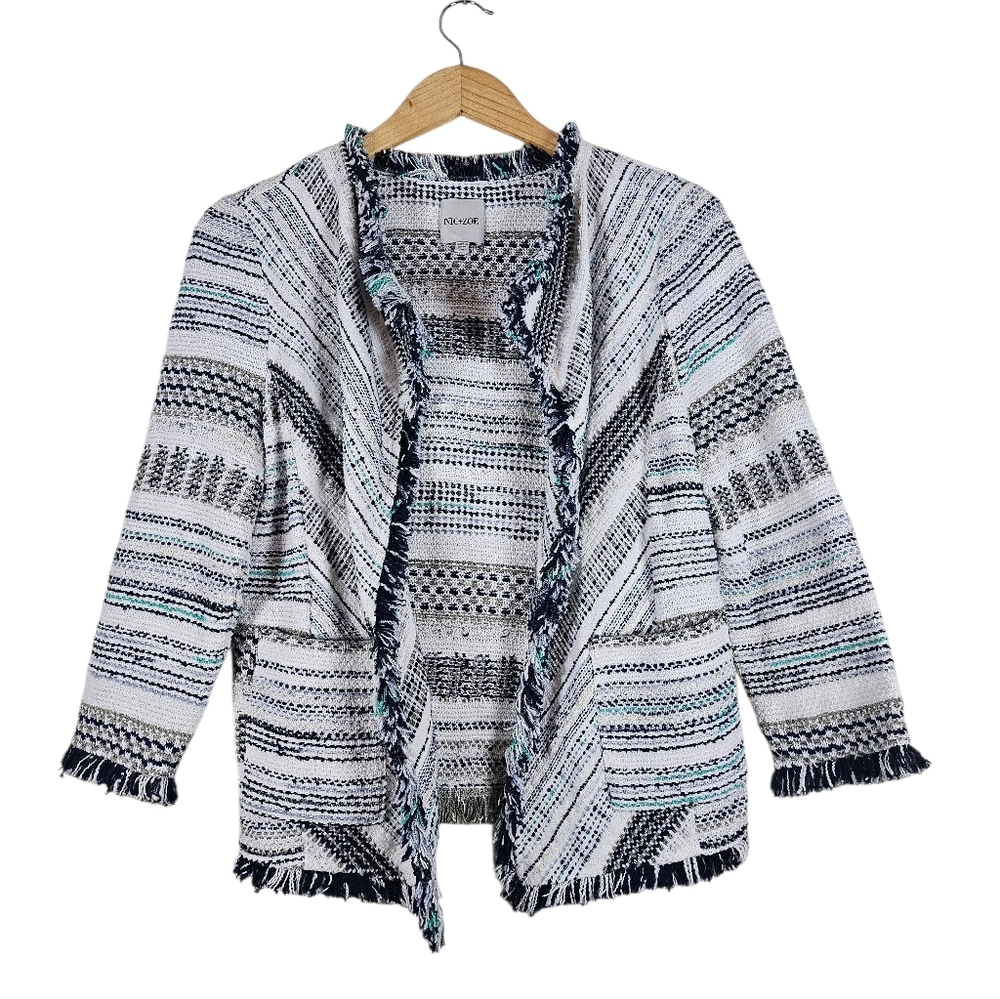 NIC+ZOE Shake It Up Tweed Fringe Open Front Blazer, White Black Blue, Size M
